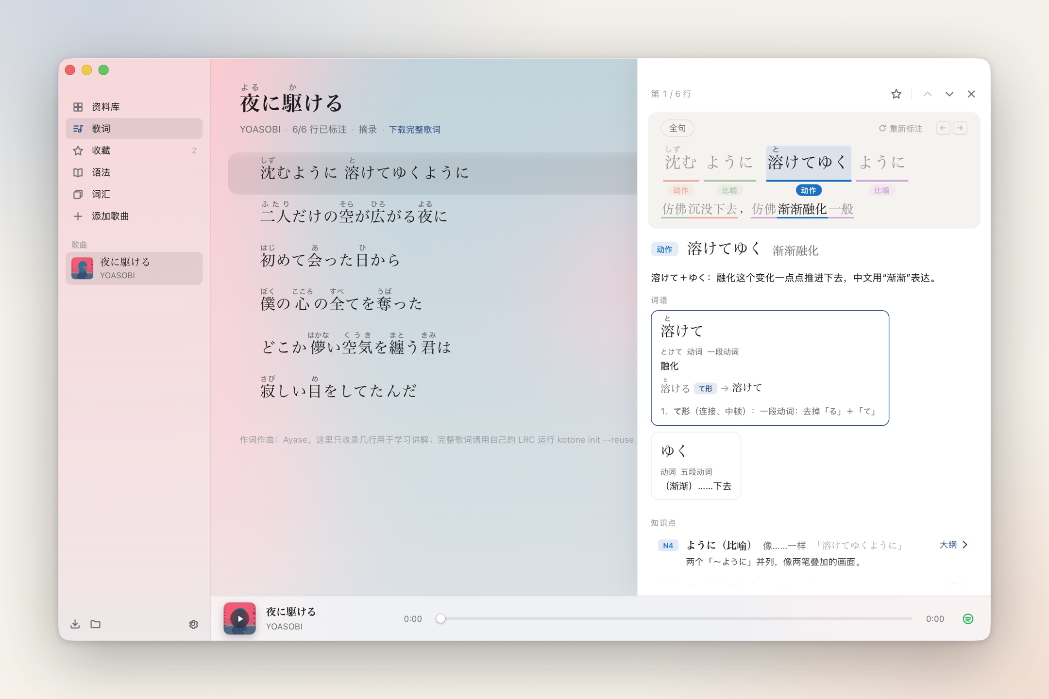 Kotone with 夜に駆ける open: lyrics with furigana on the left, one line taken apart on the right